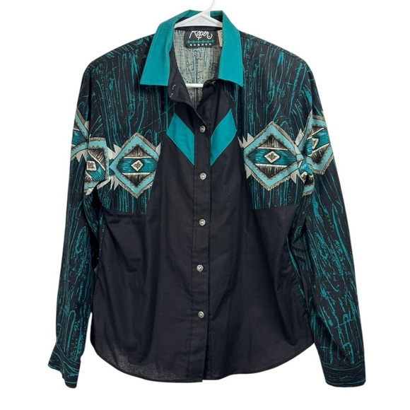 Vintage Roper Border Size Small Button Down Shirt Turquoise Black Aztec Western - Picture 1 of 6